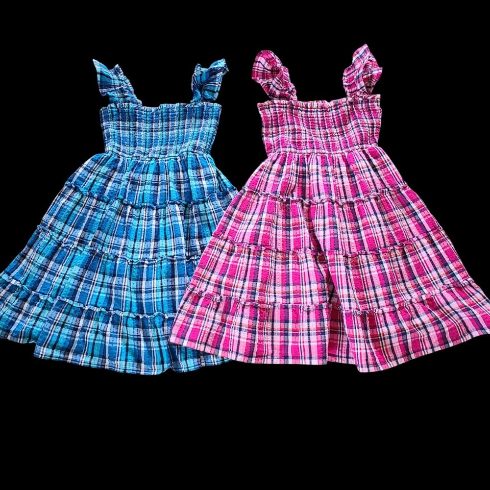 Crown & Ivy Kids Smoke Tiered Dress Set of 2 Blue Pink Plaid Size L